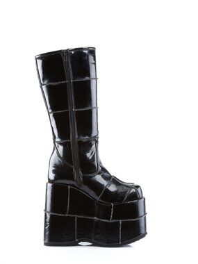 Blk Pat Goth Cyber Gogo Punk Patched Knee High Boots